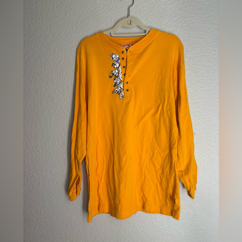 Disney VTG 101 Dalmatians Yellow Long Sleeve Henley Playful Puppy Embroidery